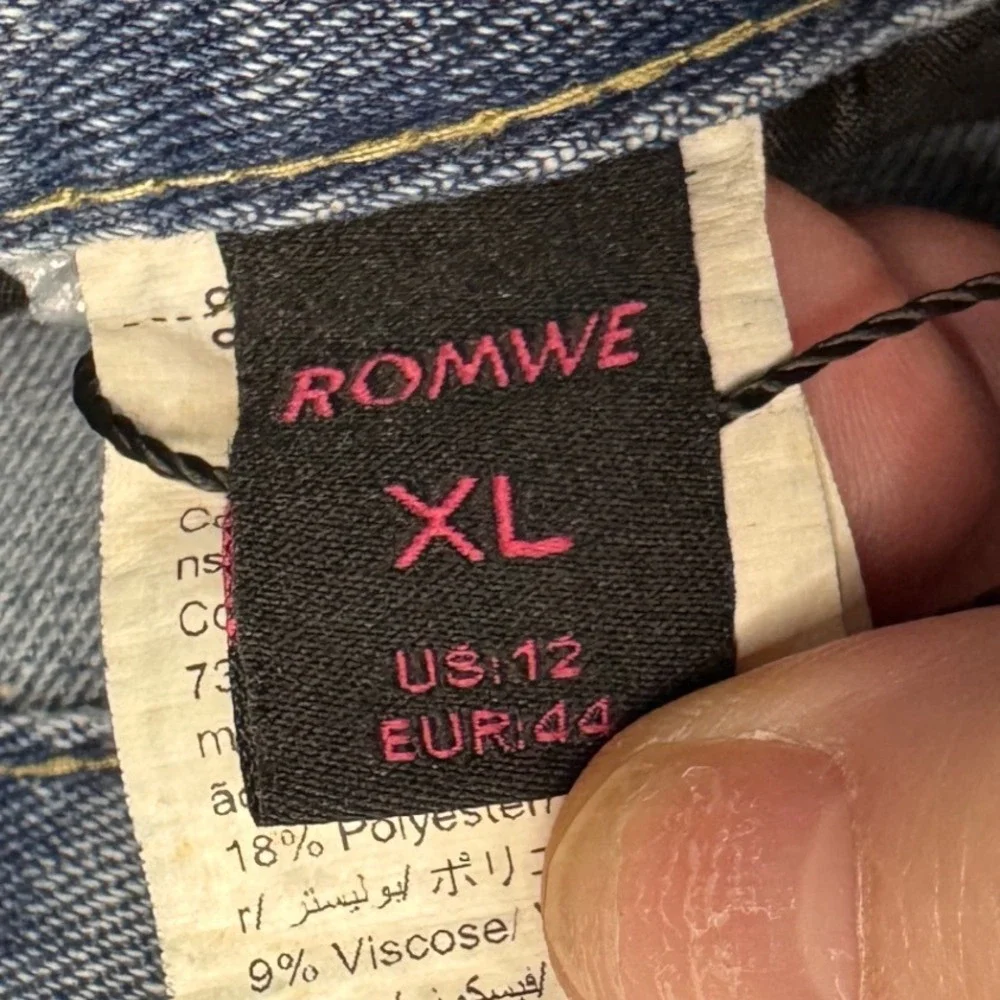 Romwe Womens XL Wide Leg Jeans Medium Wash Red Gothic Back Embroidery Y2K Style